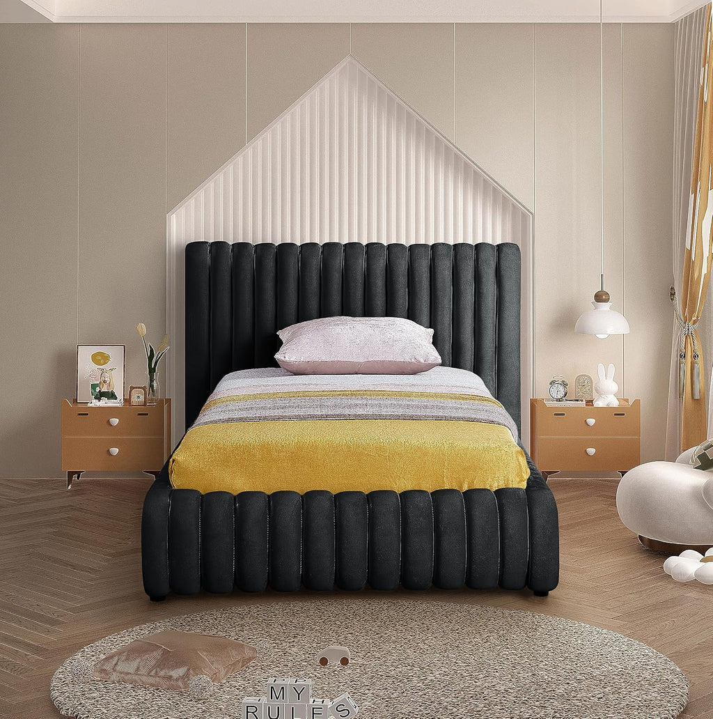 Meridian Furniture NicoBlack-T Nico Collection Modern | Contemporary Velvet Upholstered Twin Bed with Rich Black Velvet and Deep Channel Tufting, 53' W x 86' D x 38' H, Black, Twin