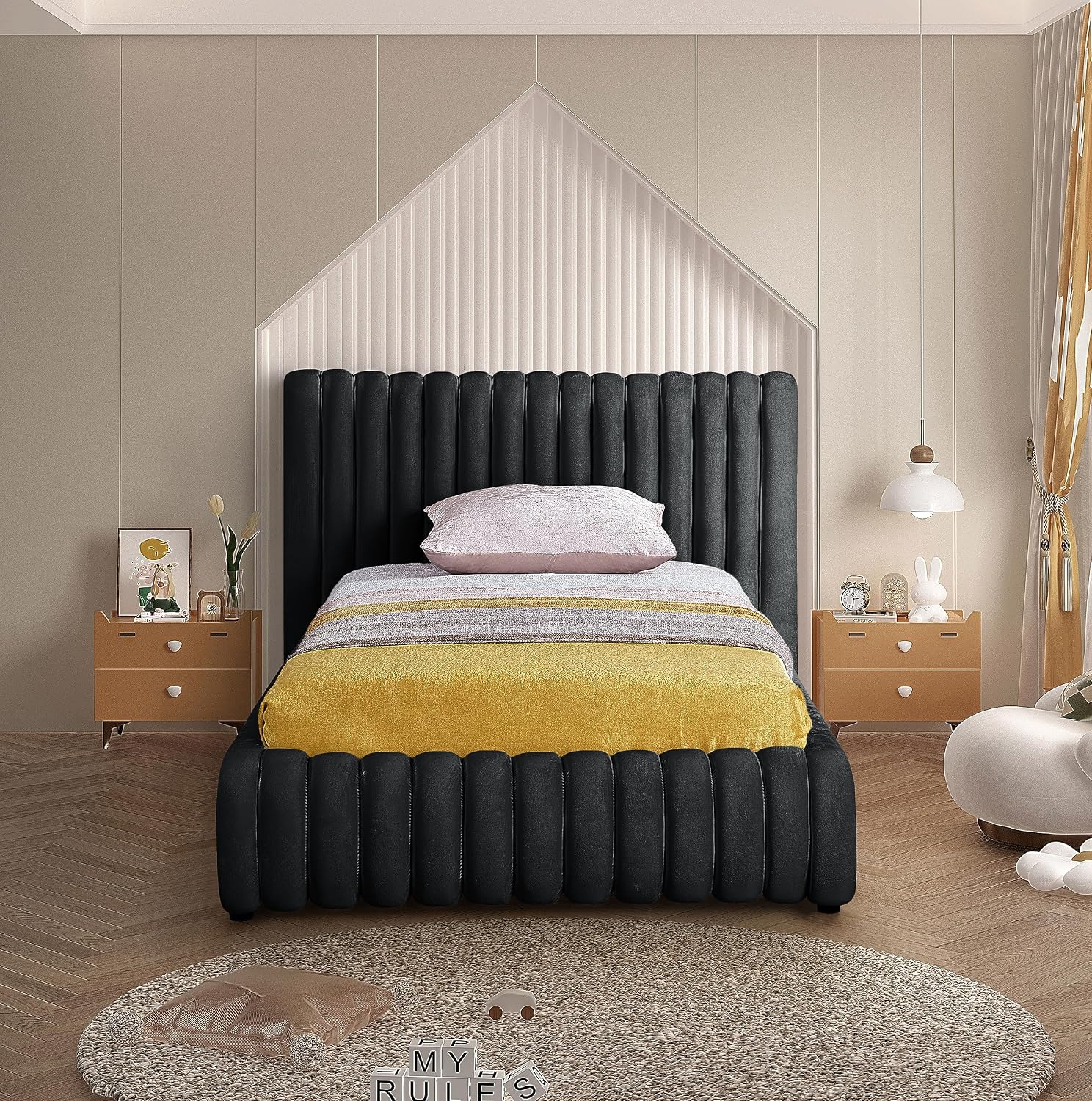 Meridian Furniture NicoBlack-T Nico Collection Modern | Contemporary Velvet Upholstered Twin Bed with Rich Black Velvet and Deep Channel Tufting, 53' W x 86' D x 38' H, Black, Twin