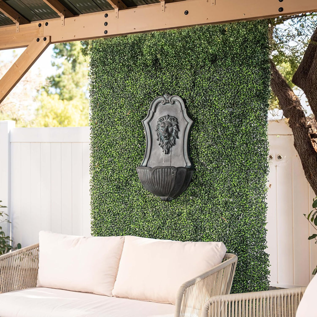 XBrand 29.9' Solar-Powered Wall-Mounted Lion Head Fountain, Resin, Outdoor, Gray