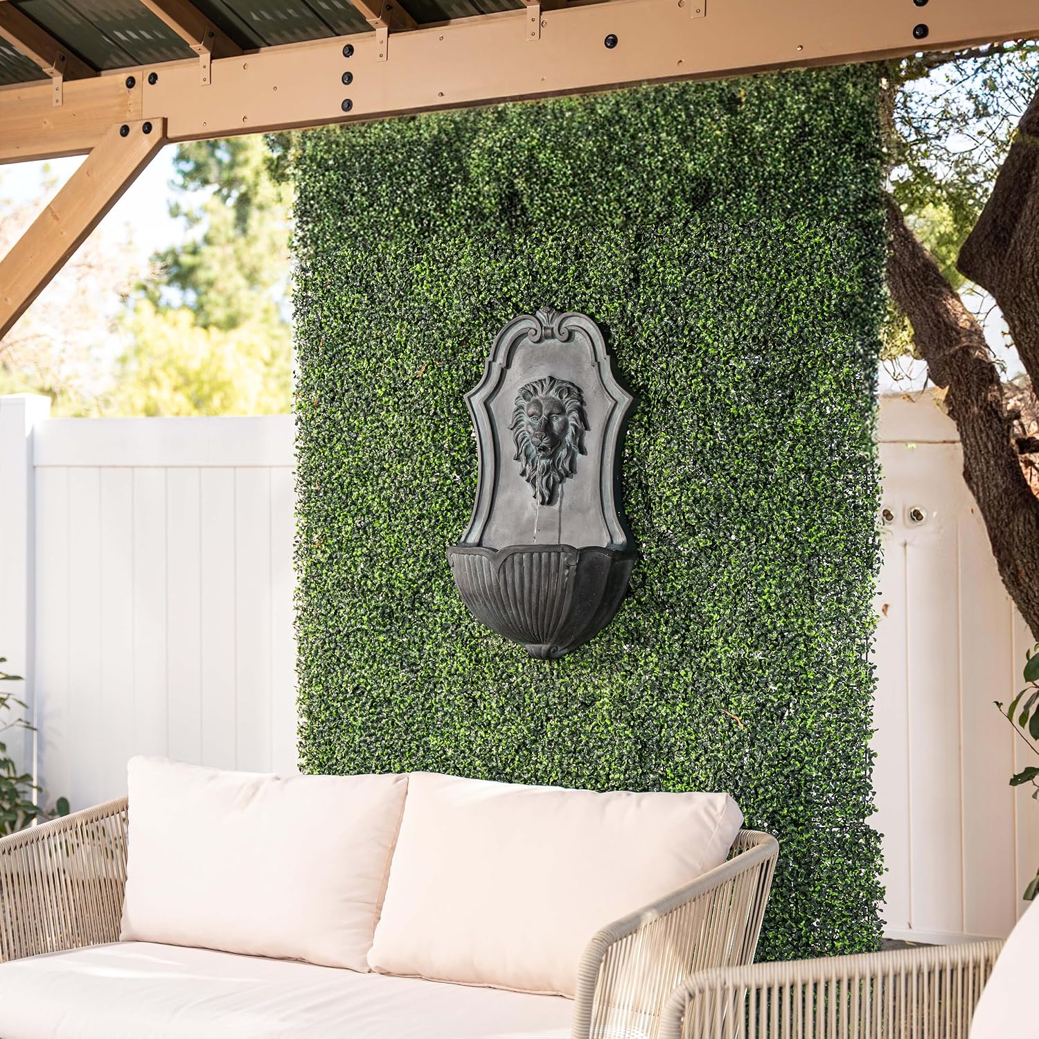 XBrand 29.9' Solar-Powered Wall-Mounted Lion Head Fountain, Resin, Outdoor, Gray