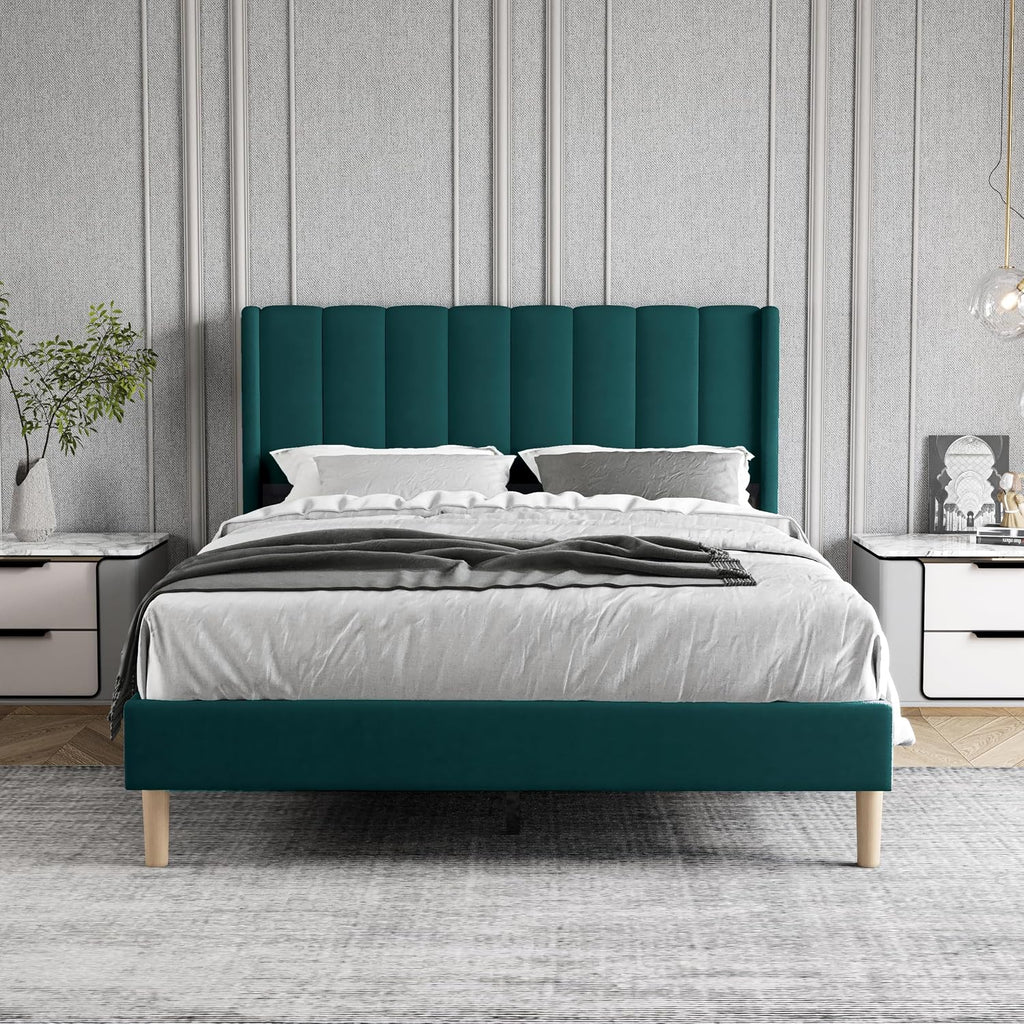 Full Size Bed Frame with Headboard, Modern Upholstered Velvet Platform Bed, Heavy Duty Wooden Slats Support, No Box Spring Needed, Noise-Free & Easy Assembly, Green