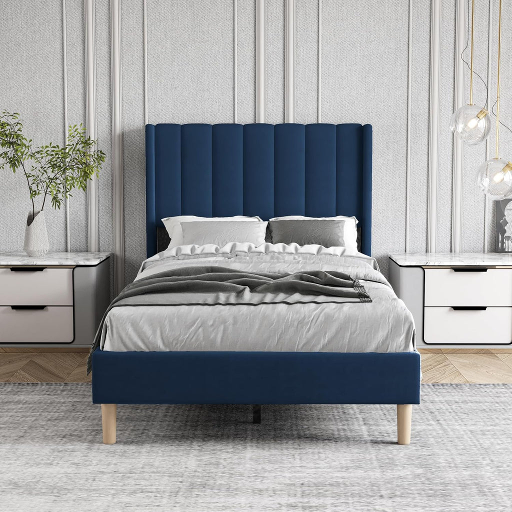 Twin Size Bed Frame with Headboard, Modern Upholstered Velvet Platform Bed, Heavy Duty Wooden Slats Support, No Box Spring Needed, Noise-Free & Easy Assembly, Blue