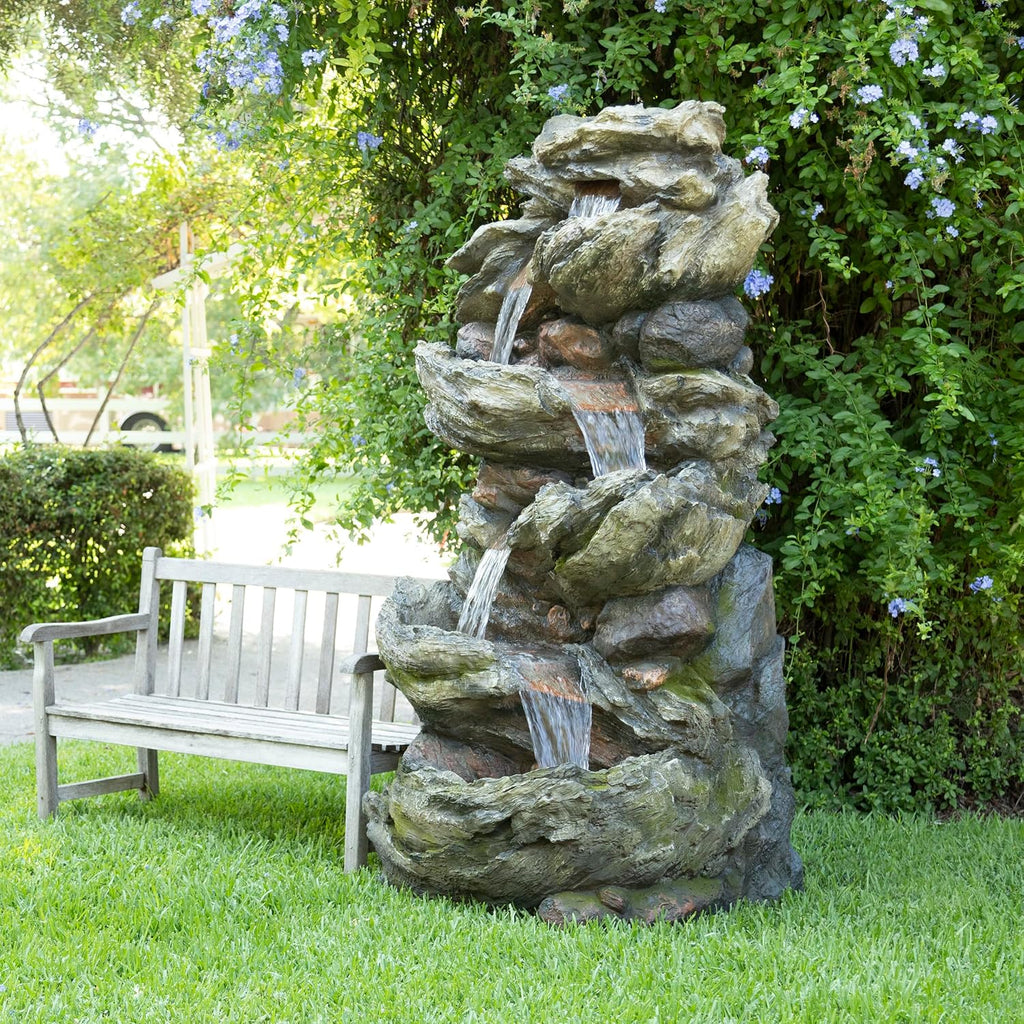Alpine Corporation WIN1424 81' 5 Tier Rock Water Fountain with LED Lights – Natural Stone Look for Indoor/Outdoor Use, Elegant Cascading Water Feature for Gardens, Patios, or Living Room, Brown