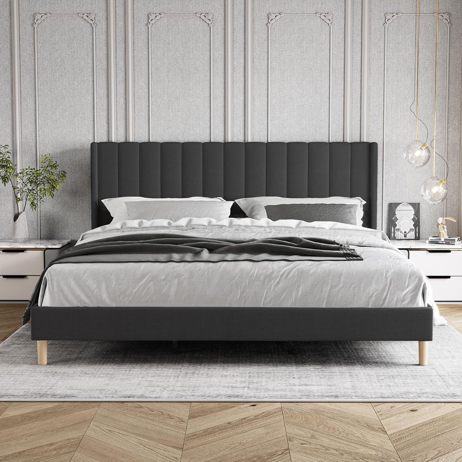 King Size Bed Frame with Headboard, Modern Upholstered Linen Platform Bed, Heavy Duty Wooden Slats Support, No Box Spring Needed, Noise-Free & Easy Assembly, Black
