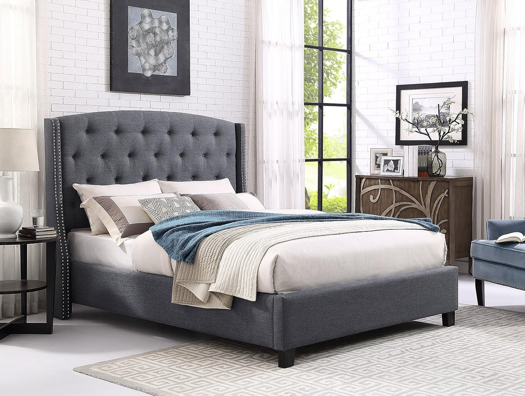 Roundhill Furniture Nantarre Fabric Tufted Wingback Upholstered Bed with Nailhead Trim, Queen, Gray