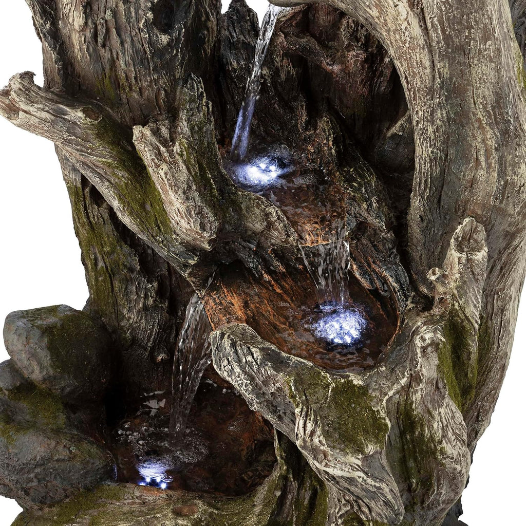 Alpine Corporation 40' Tall 4-Tier Rainforest Tree Trunk Waterfall Fountain with LED Lights, Outdoor Garden, Patio, Yard, and Porch Water Feature Decor