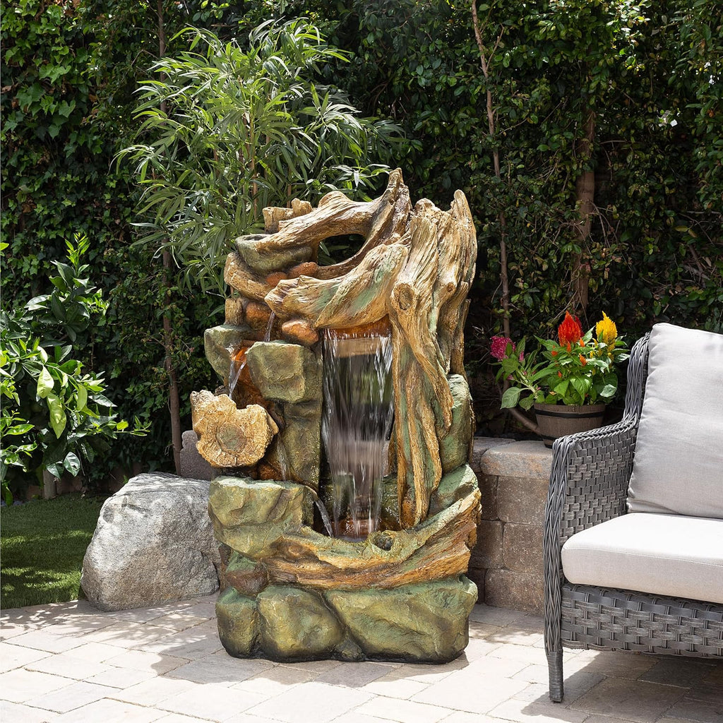 Alpine Corporation TZL200 Outdoor Side Tiering Garden Floor Rainforest Water Fountain with LED Lights, 55', Brown
