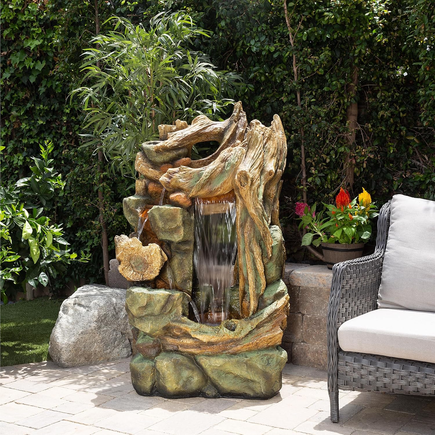 Alpine Corporation TZL200 Outdoor Side Tiering Garden Floor Rainforest Water Fountain with LED Lights, 55', Brown