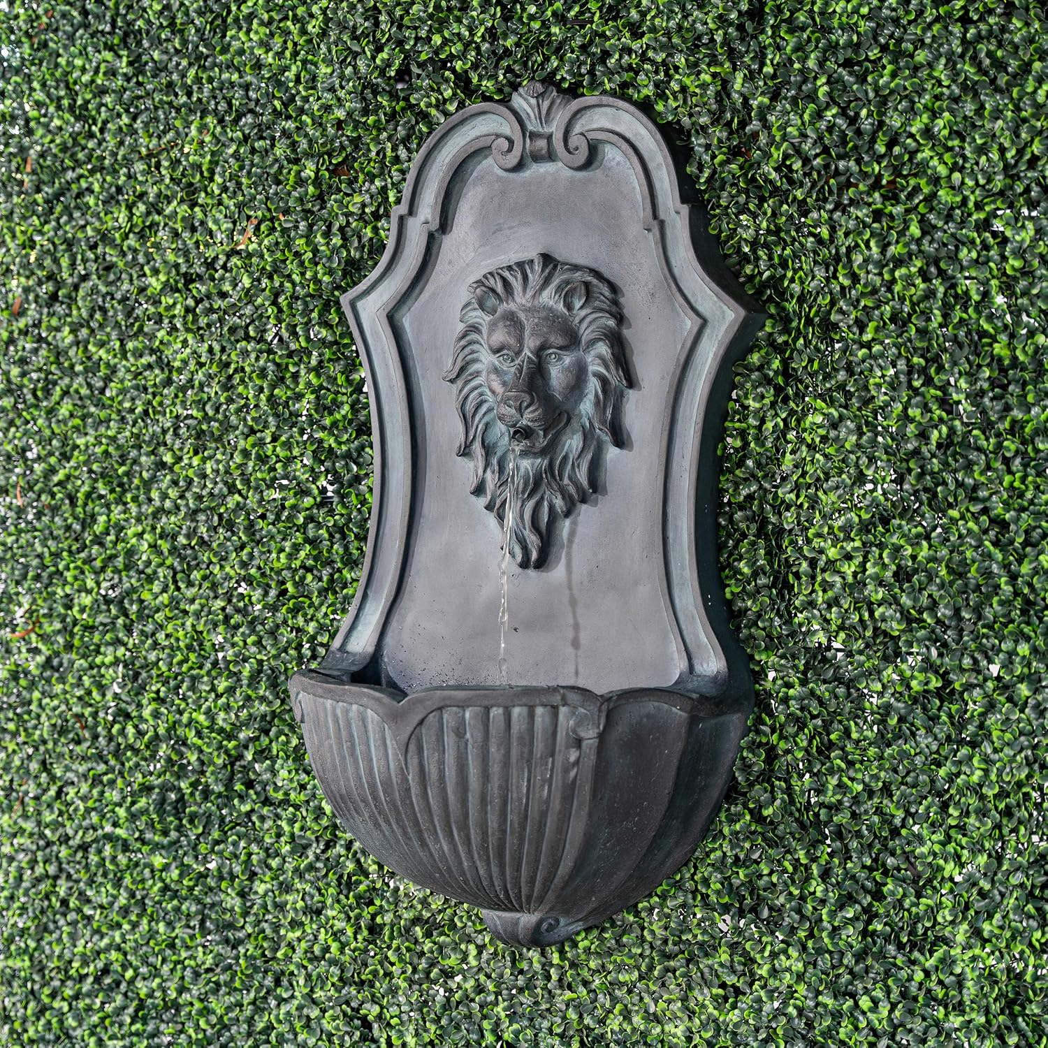 XBrand 29.9' Solar-Powered Wall-Mounted Lion Head Fountain, Resin, Outdoor, Gray