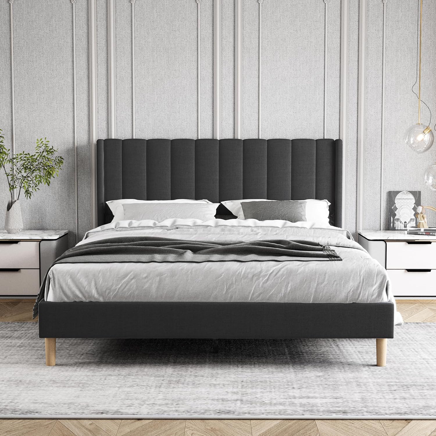 Queen Size Bed Frame with Headboard, Modern Upholstered Linen Platform Bed, Heavy Duty Wooden Slats Support, No Box Spring Needed, Noise-Free & Easy Assembly, Black