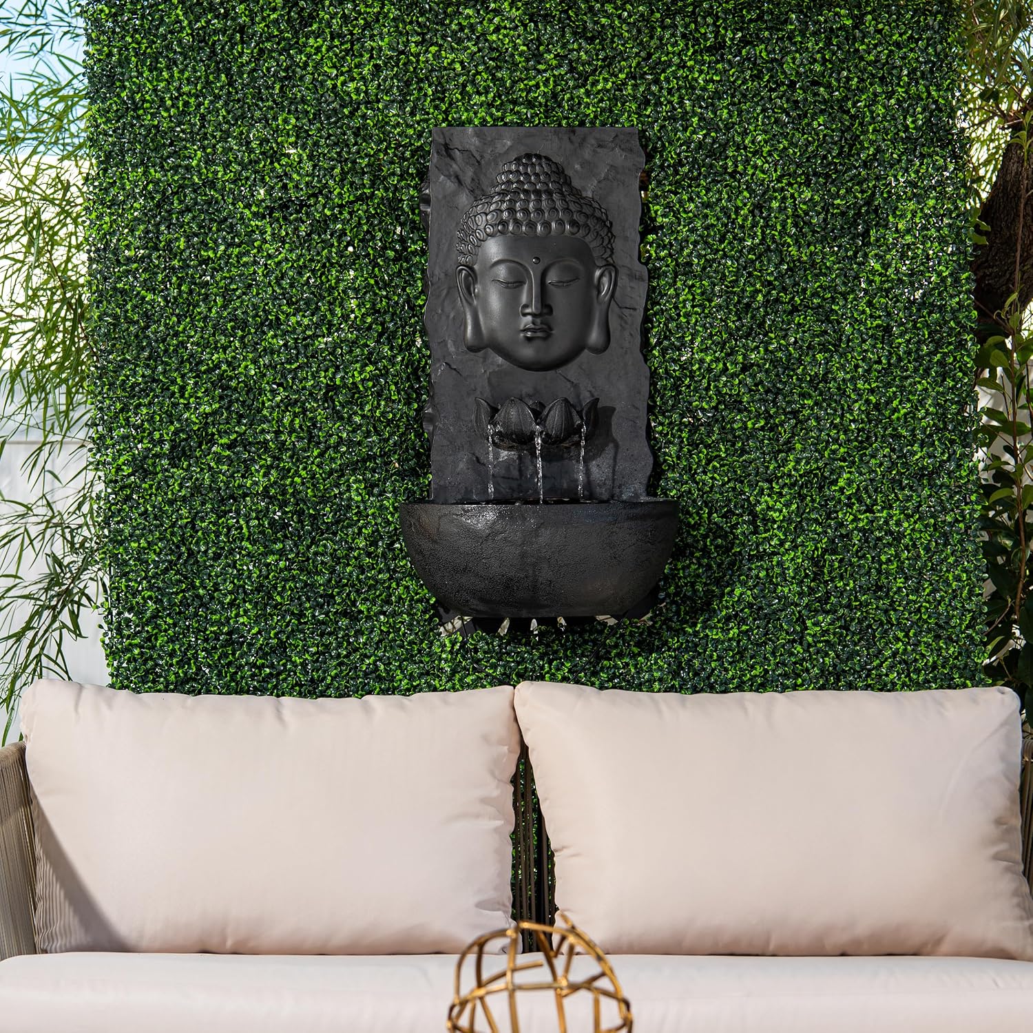 XBrand 30' H Buddha Water Fountain, Zen Wall Outdoor Garden Fountain w/Warm LED Light & Pump, Black Resin Water Fountain for Patio Backyard Home Decor