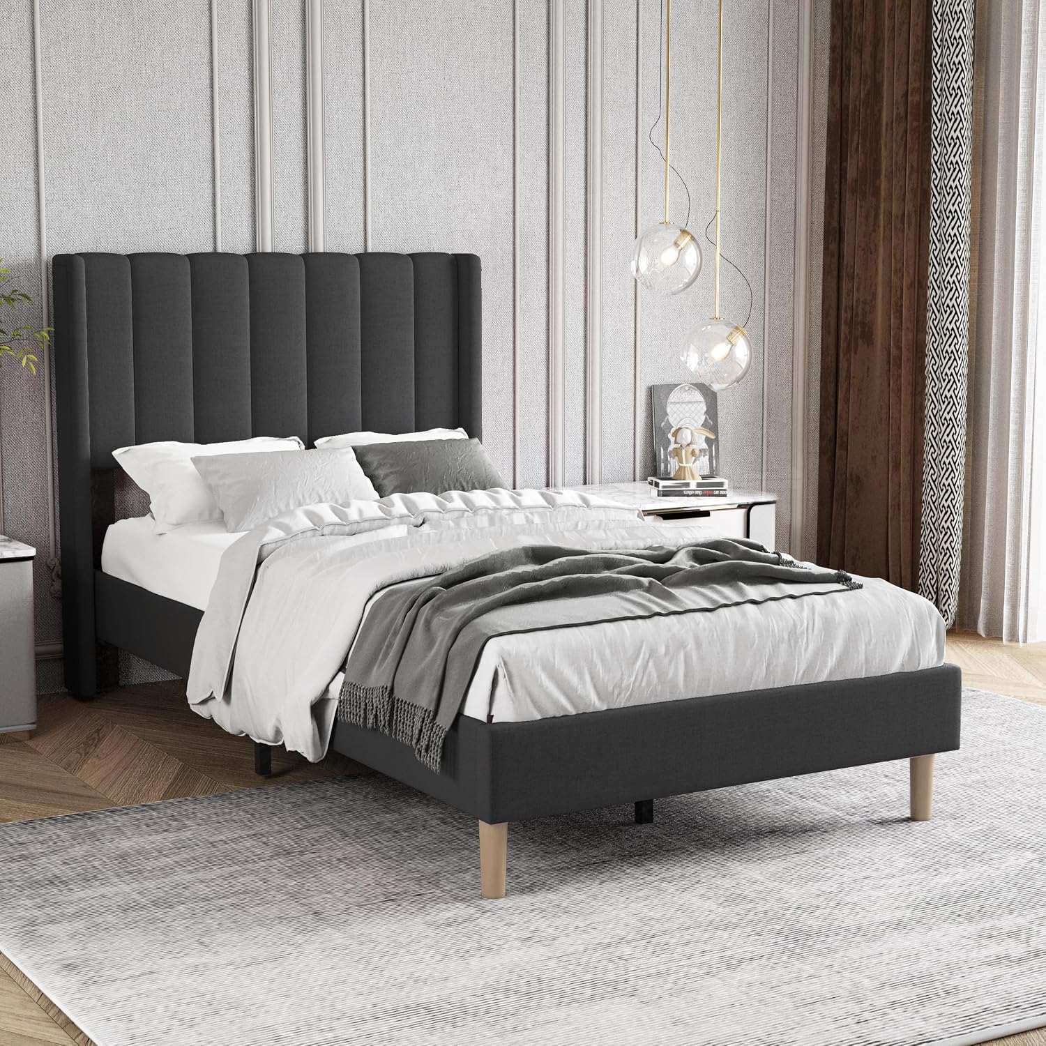 Twin Size Bed Frame with Headboard, Modern Upholstered Linen Platform Bed, Heavy Duty Wooden Slats Support, No Box Spring Needed, Noise-Free & Easy Assembly, Black