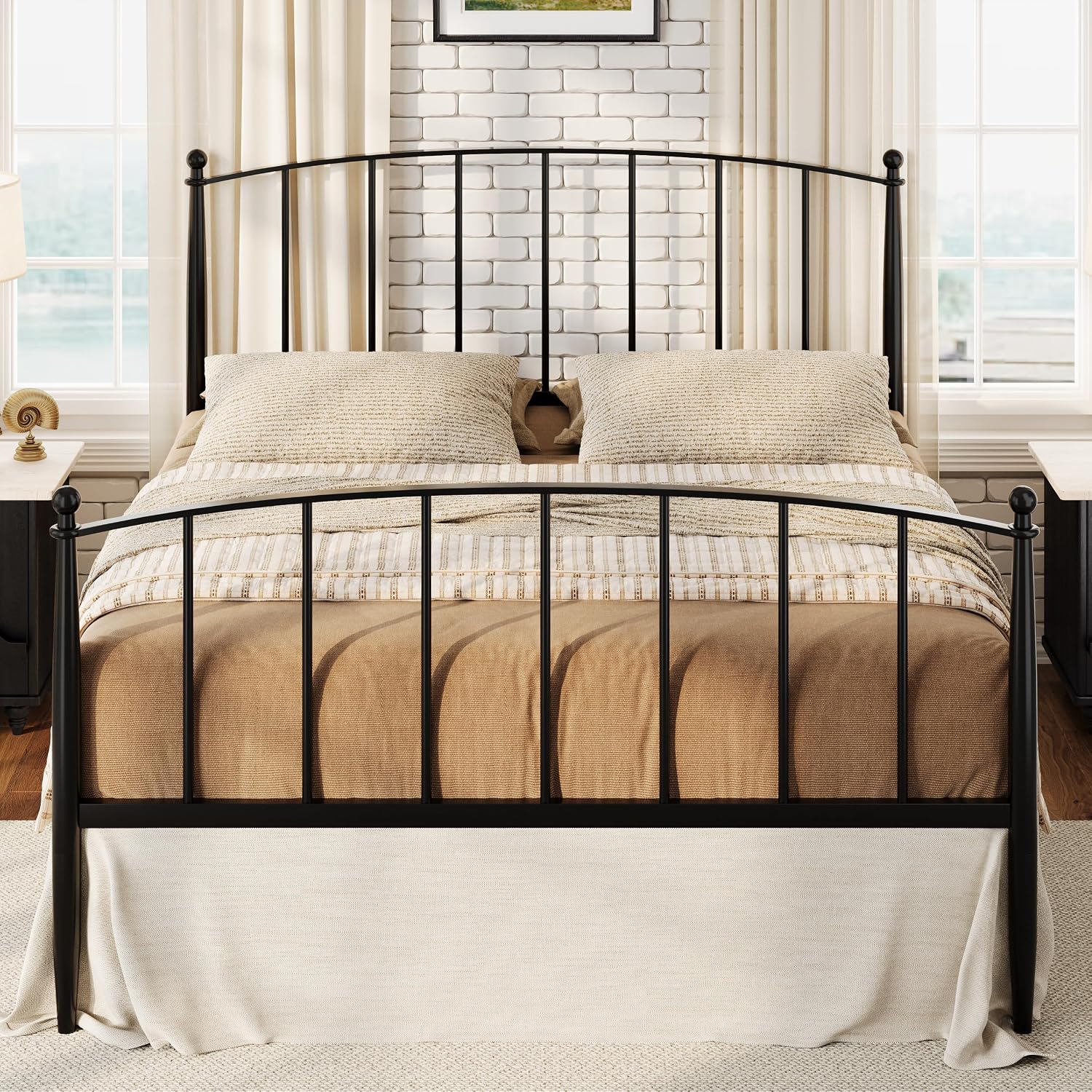 SHA CERLIN Queen Bed Frame, Metal Platform Bed with Victorian Style Iron-Art Headboard and Footboard, Easy Assembly, No Box Spring Needed, Black