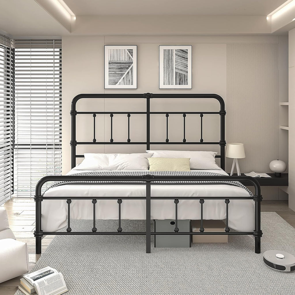 King-Size-Bed-Frame and headboard Giselle-Vintage Antique-Metal - Iron Platform Mattress Foundation,49 inch High,No Box Spring Needed(Black)