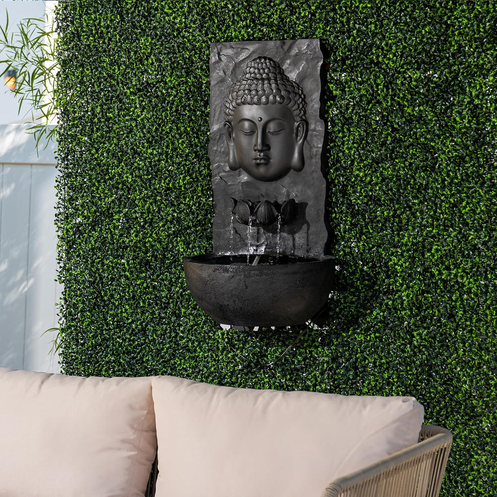 XBrand 30' H Buddha Water Fountain, Zen Wall Outdoor Garden Fountain w/Warm LED Light & Pump, Black Resin Water Fountain for Patio Backyard Home Decor